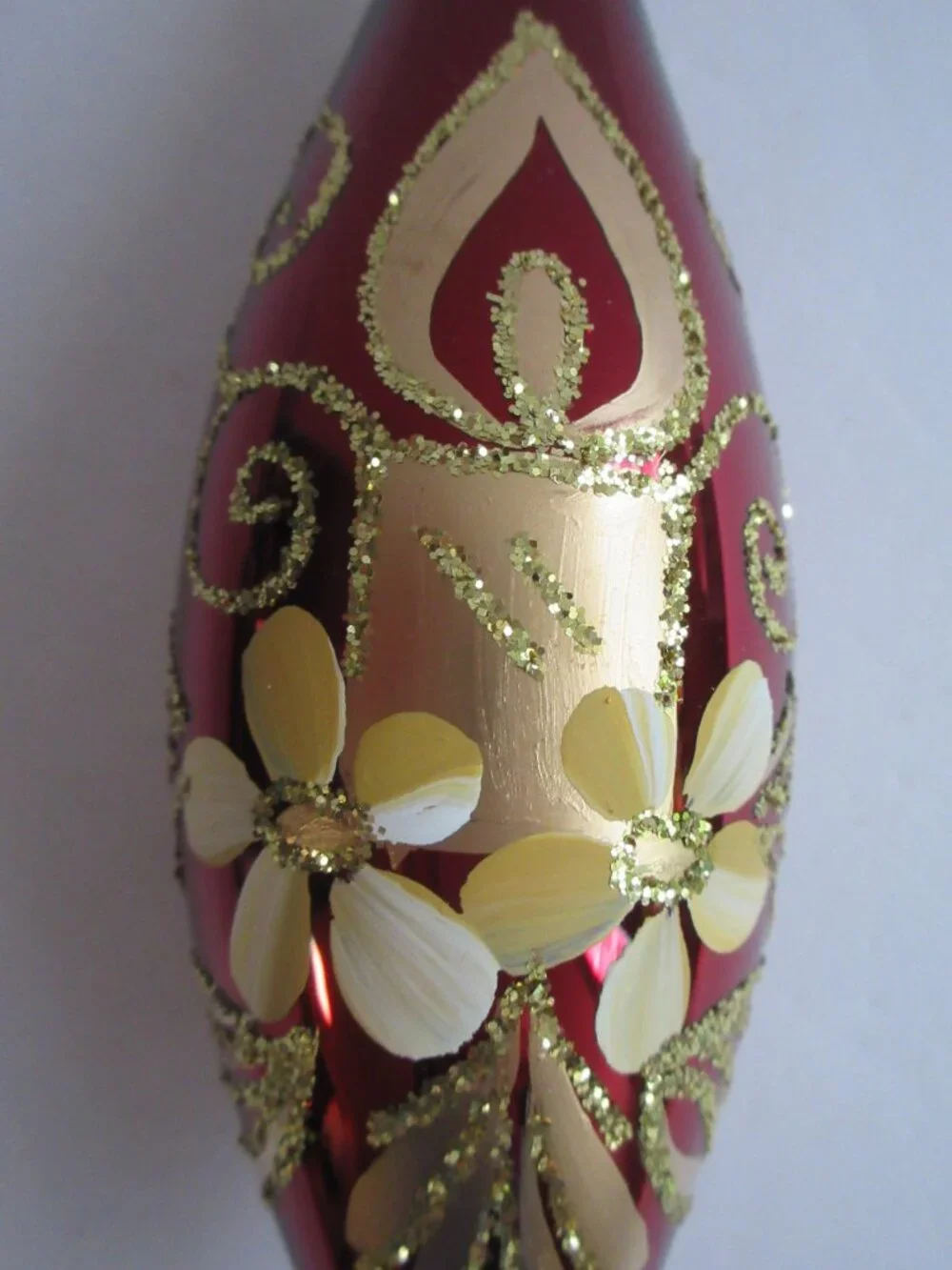 Bronner's Burgandy Teardrop Glass Christmas Ornament Hand Painted Candle Germany